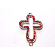 Rhinestone Metal Cross Pendant - Open Rounded - Red  - 10 pc pack