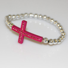 Rhinestone Cross and Faux Pearl Bracelet - Hot Pink